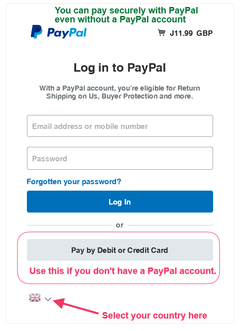 Shows how to pay with credit or debit card via PayPal portal